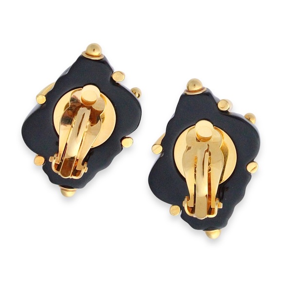 Kenneth Jay Lane Black Lucite Shell Clip On Earrings Gold Plated Dots Large - Picture 5 of 6